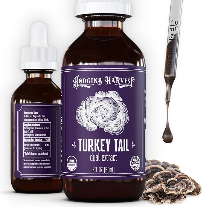 Hodgins Harvest Organic Turkey Tail Mushroom Tincture - Extra Concentrated Dual Extract Antioxidant-Rich Mushroom Drops Supplement for Overall Wellness - Made in USA - 2 fl oz
