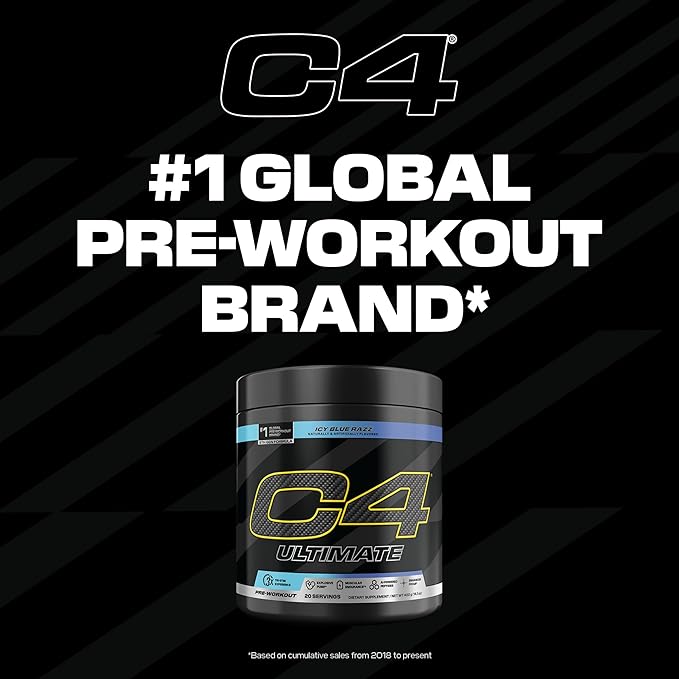 C4 Ultimate Pre Workout Powder ICY Blue Razz - Sugar Free Preworkout Energy Supplement for Men & Women - 300mg Caffeine + 3.2g Beta Alanine + 2 Patented Creatines - 20 Servings