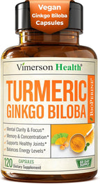 Ginkgo Biloba and Turmeric Curcumin Supplement with Black Pepper & Organic Tumeric – Natural Turmeric Supplement for Focus, Memory, Joint & Brain Health – 120 Vegan Ginko Biloba Capsules with Curcuma