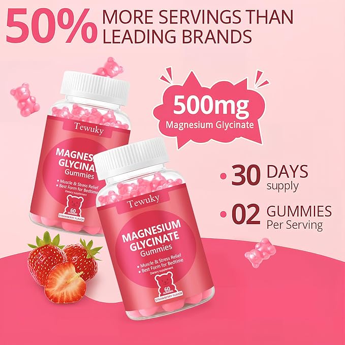 Magnesium Glycinate Gummies 500mg, Sugar-Free for Adults & Kids, Magnesium Gummy for Relaxation, Stress & Muscle Relief, Supports Bone & Nerve Health, Vegan, Pectin-Based, 60 Count, Strawberry Flavor