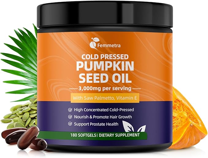 Pumpkin Seed Oil Capsules with Saw Palmetto, High Concentrated Pumpkin Seed Oil Supplement for Hair Growth, Urinary, Bladder & Prostate Health, Cold Pressed, Vegan, Non-GMO, 180 Softgels