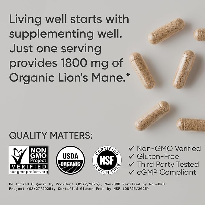 Sports Research® Organic Lion's Mane Mushroom Supplement 1800mg - Brain Health, Focus & Cognitive Supports - USDA Certified Organic · Non-GMO · Vegan - 90 Count Capsules
