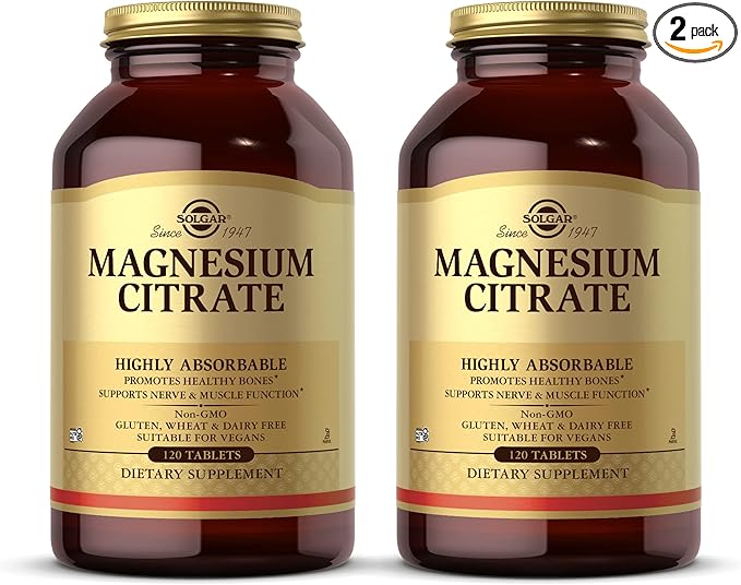 Solgar Magnesium Citrate - 120 Tablets, Pack of 2 - Promotes Healthy Bones, Supports Nerve & Muscle Function - Highly Absorbable - Non-GMO, Vegan, Gluten Free, Kosher - 120 Total Servings