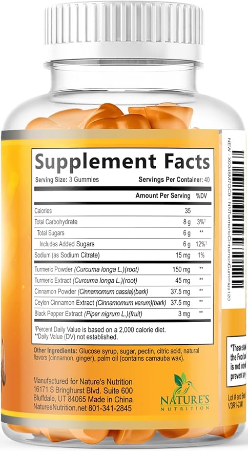 Turmeric Curcumin Supplement Gummies - 95% Curcuminoids with Turmeric Ginger, Black Pepper for Best Absorption, Nature's Vegan Joint Support, Non-GMO, Gluten Free, Tasty Cinnamon Flavor - 120 Gummies
