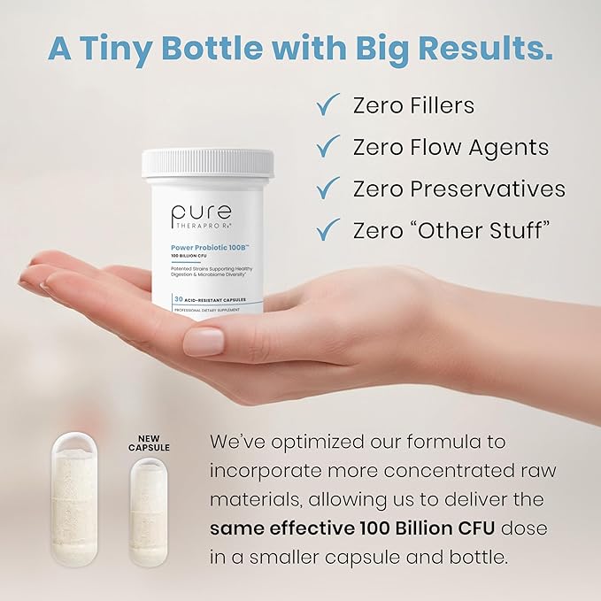 Pure Therapro Rx Power Probiotic 100B | 30 Acid Resistant Capsules - 1 Month Supply | 4 Proven Strains 100 Billion CFU | Flora Balance & Digestion | NO Refrigeration Required | Non-GMO | Zero Fillers