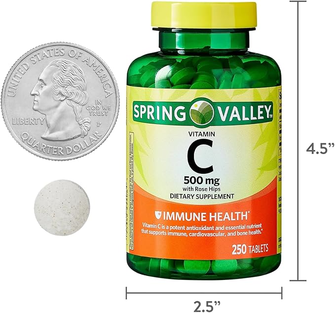 250 Count Vitamin C 500mg with Rose HIPS Tablets Dietary Supplement, Antioxidant Protection, 250 Tablets + Vitamin Guide Included