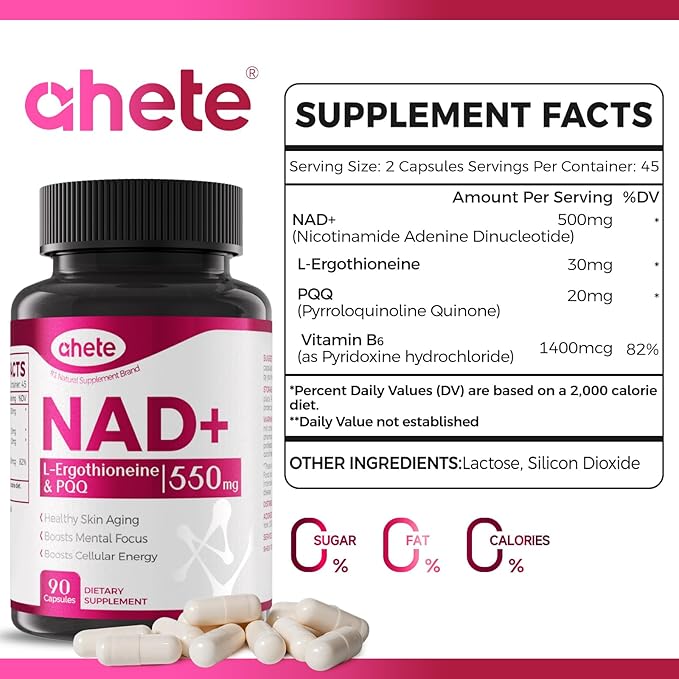 NAD Supplement for Women and Men - Advanced Liposomal NAD+ Nicotinamide Riboside with PQQ Supplement and L-Ergothioneine - NAD Plus Immune Support Supplements - Healthy Aging - 180 Capsules