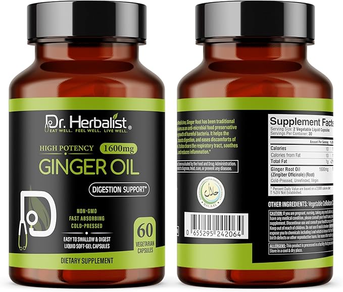 Dr. HERBALIST Ginger Oil Capsules 1600mg - Cold Pressed Zingiber Officinale with Gingerols & Shogaols | Supports Digestive Comfort & Joint Wellness* | Halal | 60ct