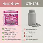 Natal Glow Methylated Prenatal Vitamins for Women Folate Omega 3 Vitamins A B12 C D3 E K2 Iron Riboflavin Biotin Choline Calcium Iodine Magnesium Zinc Selenium Copper Manganese by Clean Nutra