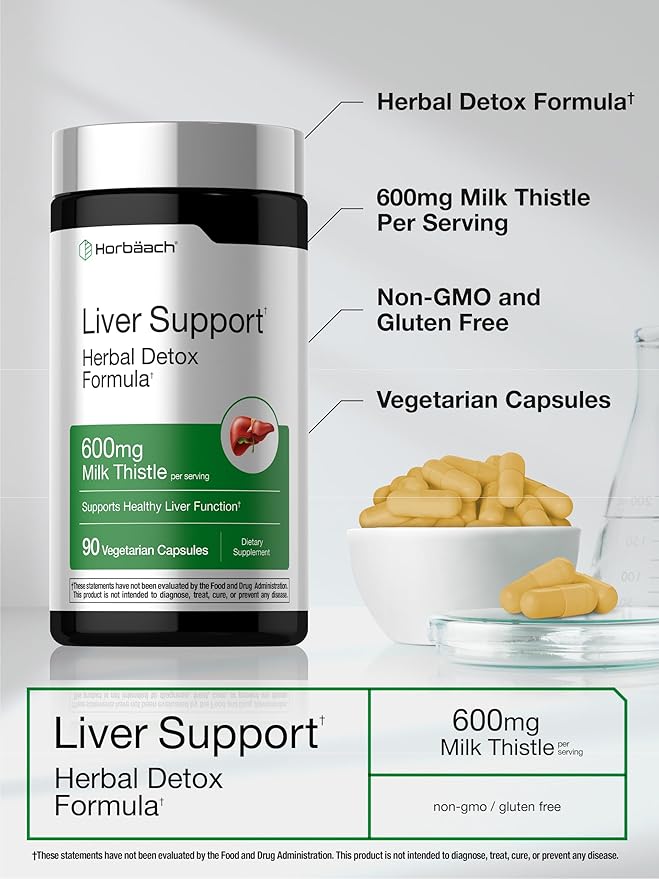 Horbäach Liver Support | 600 mg Milk Thistle | 90 Vegetarian Capsules | Herbal Detox Formula | Non-GMO, Gluten Free