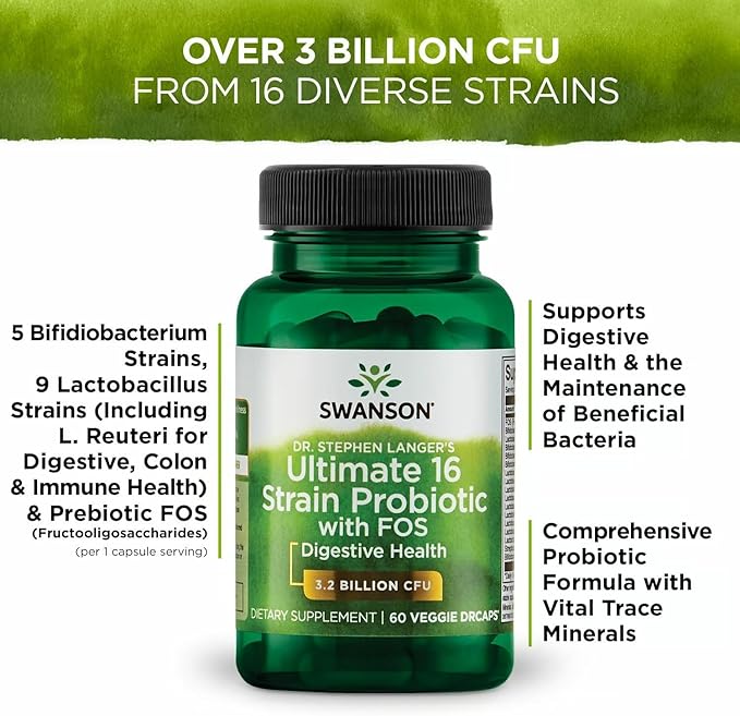 Swanson Dr. Stephen Langer's 16-Strain Probiotic with Prebiotic FOS for Gut-Health-Conscious Adults with 3.2 Billion CFU (60 Vegan Capsules, 4 Pack)