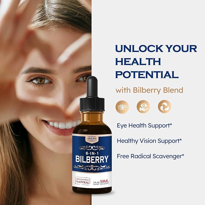Bilberry Extract Supplement for Eye Health, 6-in-1 Herbal Formula Liquid Drops to Support Eye Strain, Dry Eyes, and Vision Health, Blend with Lutein Zeaxanthin & Eyebright Herb. 2oz