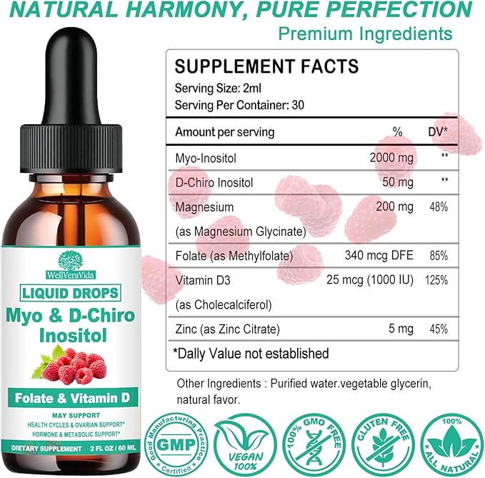 Myo Inositol & D-Chiro Inositol Supplement Liquid for Women- Ideal 40:1 Ratio Inositol Drops with MTHF Folate, Magnesium, Vitamin D, Supports Hormone Balance, Regular Cycles & Ovarian Health丨Vegan