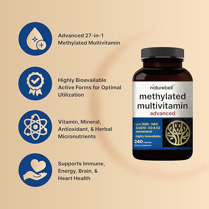 Methylated Multivitamin for Men and Women, 240 Capsules | 27-in-1 Formula with Vitamins B Complex, C, D3, K2, NAD, NAC, CoQ10, Resveratrol, Magnesium, Zinc & More | Daily Essential Vitamins