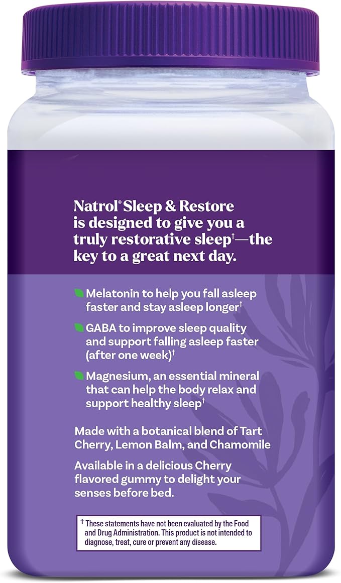 Natrol Sleep + Restore Magnesium Glycinate Blend Gummies with Melatonin 5mg - Calm Magnesium with GABA,Botanical Blend,Cherry Flavor,60 Gummies,(Pack of 2)