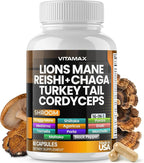 Vitamax Lions Mane Mushroom, Turkey Tail, Chaga & Reishi, Cordyceps Shiitake White Elm King Trumpet Nameko Oyster Porcini Focus & Energy - Made in USA