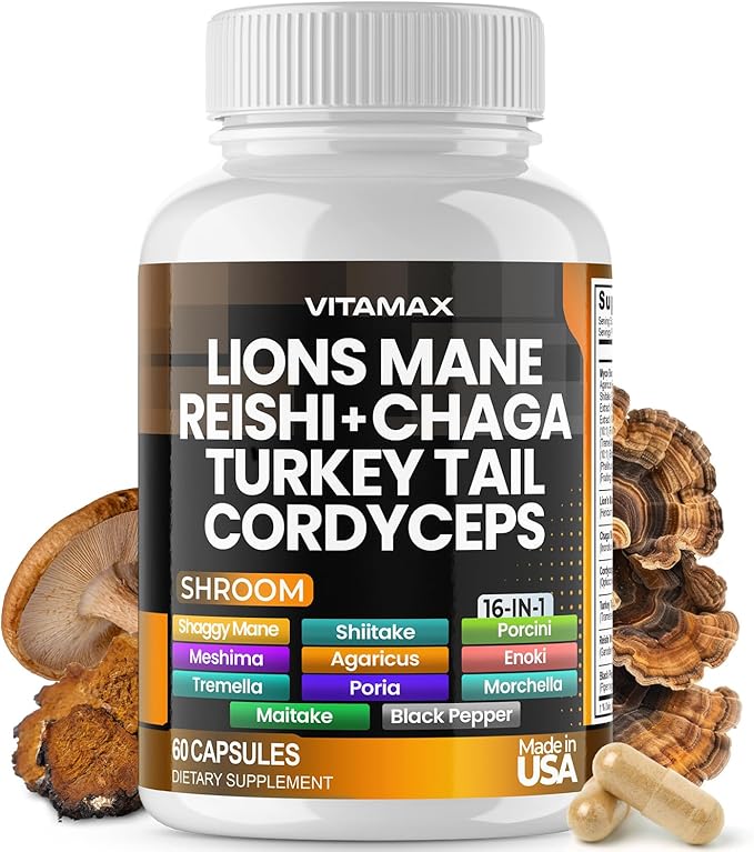 Vitamax Lions Mane Mushroom, Turkey Tail, Chaga & Reishi, Cordyceps Shiitake White Elm King Trumpet Nameko Oyster Porcini Focus & Energy - Made in USA (60 Capsules (Pack of 1))
