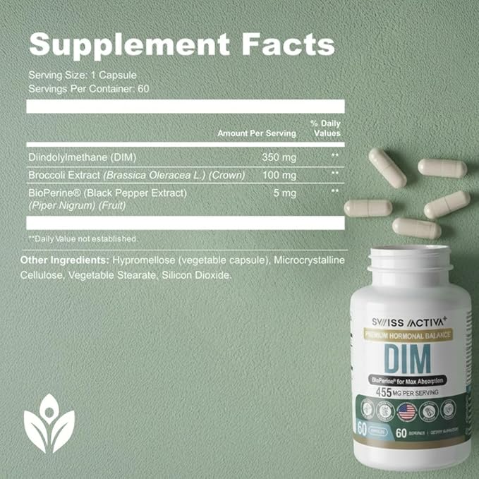 Swiss Activa+ Labs DIM Supplement – Hormone Balance for Women & Men – Estrogen Supplement for Women and Men– Supports Hormonal Acne & Menopause Symptoms| Gluten Free, Non-GMO & Vegan – 180 Days Supply
