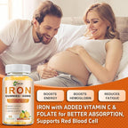 Iron Gummies Vitamin Supplement 65mg & Vitamin C 250mg per Serving with B6 B12 Folate- Energy Support for Iron Deficiency, Anemia, Vegan Orange & Lemon Flavor, 120 Count