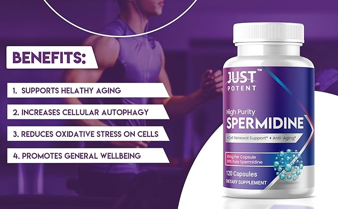 Just Potent High Purity (99%) Spermidine Supplement | 120 Capsules, 4 Months of Supply, 10mg per Capsule | Cell Renewal Support and Anti-Aging