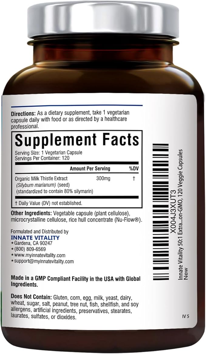 Innate Vitality Organic Milk Thistle Supplement, 300mg Extract, 80% Silymarin Flavonoids, Liver Health, Detox & Cleansing, Made in USA, Non-GMO, 120 Veggie Capsules