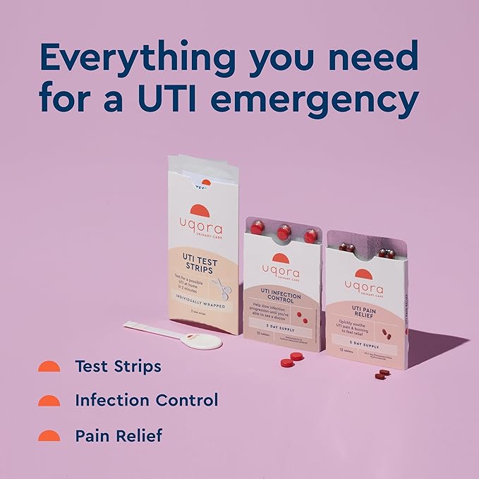 Uqora UTI Emergency Kit & Flush (Pink Lemonade, 10 Packets) Bundle - Support Urinary Tract* with D-Mannose, Vitamin C & More - With 2 Test Strips, 12 Pain Relief Tablets & 12 Infection Control Tablets