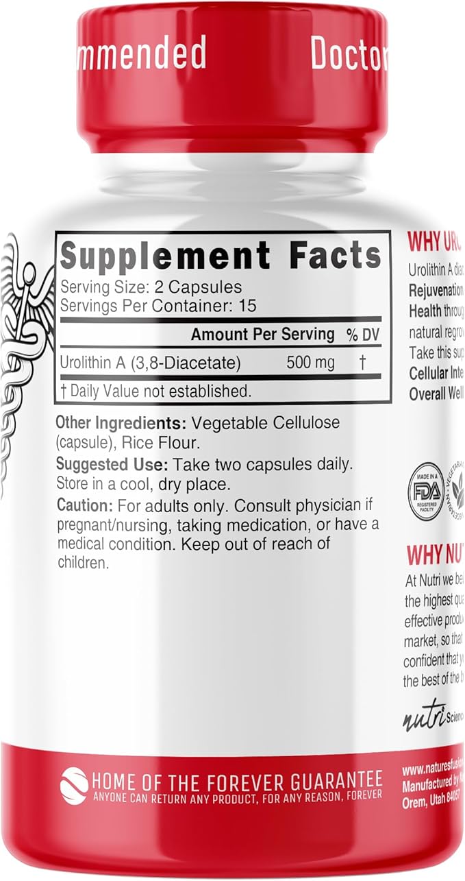 Nutri Urolithin A Supplement 500mg - Powerful Antioxidant, Health & Wellness Booster - 3rd Party Tested - 500 mg Urolithin A Diacetate - 30 Vegan Capsules 2 Week+ Supply - NSF cGMP Certified Facility