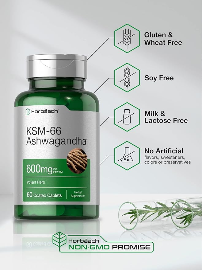 Horbäach KSM-66 Ashwagandha | with L-Theanine | 60 Coated Caplets | Vegan, Non-GMO, Gluten Free Complex Supplement