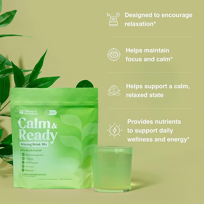 Calm and Ready Powder Drink Mix, with Magnesium Glycinate, Ashwagandha KSM 66, L Theanine, and Tart Cherry, Relaxation Support Supplement, Apple Melon, 20 Travel Packets