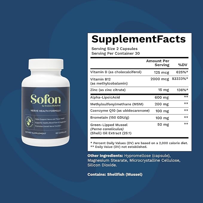 Nerve Support Supplement (60 Caps, 30 Servings) : Neuropathy Supplements Blend for Healthy Feet with Vitamin D, B12, Zinc, Alpha-Lipoic Acid, MSM, Coenzyme Q10, Bromelain, & Green-Lipped Mussel