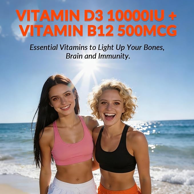 Vitamin D3 B12 Gummies, Vitamin D 10000IU & 500mcg Methyl B12 with Vitamin A, C, K, Calcium, Magnesium, Zinc for Women & Men, Support Eye, Bone, Energy
