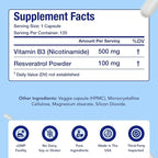 Resveratrol with Vitamin B3 Nicotinamide 500mg | NAD+ Precursor and Longevity Complex with Nicotinamide Form of Vitamin B3 Niacin Flush Free for Aging Skin Energy & Cellular Support (120 Day Supply)