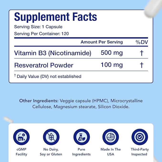 Resveratrol with Vitamin B3 Nicotinamide 500mg | NAD+ Precursor and Longevity Complex with Nicotinamide Form of Vitamin B3 Niacin Flush Free for Aging Skin Energy & Cellular Support (120 Day Supply)