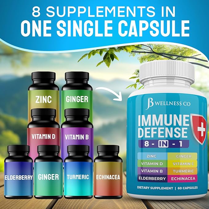 JB Wellness Co Immune Support 8 in 1 Capsules - Zinc Supplement, Vitamin D3, Vitamin C and Elderberry - Immune Booster with Echinacea, Ginger Root, and Turmeric - [2-Pack]