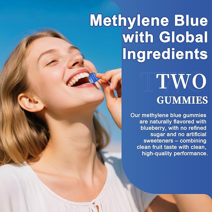 Methylene Blue Gummies 7mg Per Serving for Humans | Upgraded Antioxidant & Brain Booster Supplement for Cognitive Function, Energy, Cellular & Mitochondrial Health | Pure, Vegan, 60 Counts