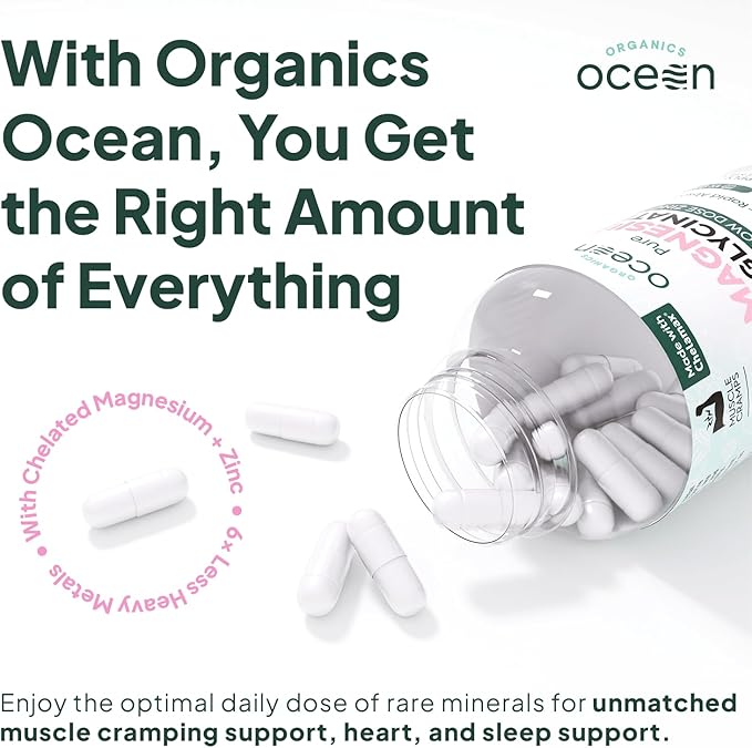 Organics Ocean Pure Magnesium Glycinate with Zinc - Maximum Strength Chelated Magnesium Supplement for Women and Men for Muscle Cramps and Sleep Support - 6 Bottles