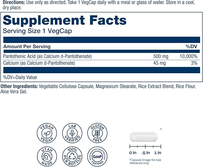 SOLARAY Pantothenic Acid 500mg - Pantothenic Acid Supplement (Vitamin B5) - Essential B Complex Vitamin - Nervous System and Cellular Energy Support - Vegan, Gluten Free, 60-Day Guaratee, 250 Servings
