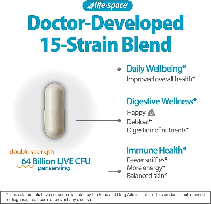Life-Space Double Strength Broad Spectrum Probiotic, 64 Billion CFU & 15 Diverse Strains, Redouble Formulated for Digestive Health & Immune Health, Probiotics for Women & Men - 30 Veg Capsules