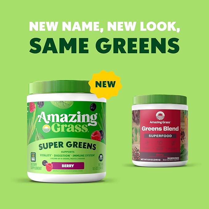 Amazing Grass Greens Superfood Powder: Greens Powder with Digestive Enzymes & Probiotics, Organic Spirulina, Chlorella, and Beet Root Powder, Berry, 30 Servings (Packaging May Vary)