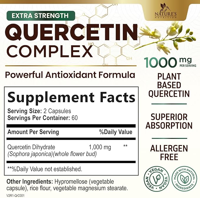 Quercetin Dihydrate 1000mg per Serving - Premium Plant-Based Bioflavonoids - Extra Strength Antioxidant Immune & Respiratory Health Support - High Absorption Quercetin Dihydrate - 120 Veggie Capsules