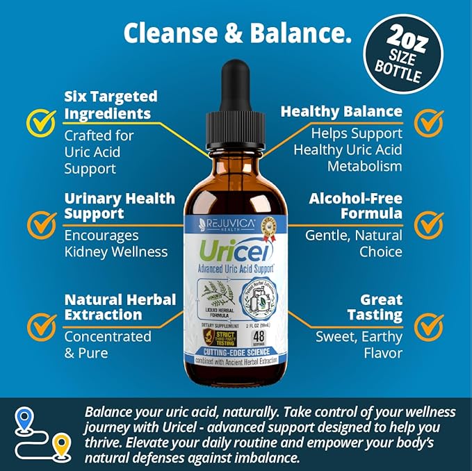 Rejuvica Health Uricel - Advanced Uric Acid Support & Cleanse Supplement - Liquid Delivery for Better Absorption - Tart Cherry, Chanca Piedra, Celery Seed, Turmeric & More!
