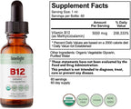 USDA Organic Vitamin B12 Liquid Drops 5000 mcg, Methylcobalamin, Sublingual, Fast Absorption, Cellular Energy, Metabolism Support, Nervous System, Mental Focus, Vegan, Non-GMO, 2 fl oz, 60 Servings