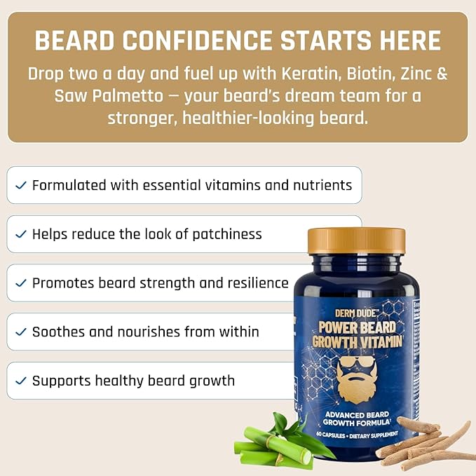 Derm Dude Power Beard Growth Vitamins for Men | With Biotin 10K MCG, Zinc B12 Saw Palmetto & Keratin for Healthier Thicker Fuller & Stronger Facial Hair | Restore Hair Breakage & Thinning, 60 Capsules