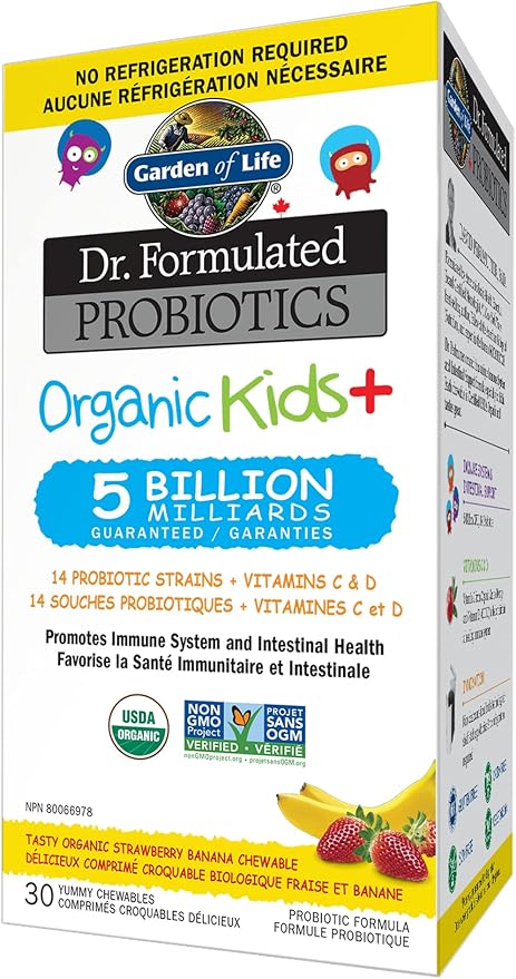 Garden of Life Dr. Formulated Probiotics Organic Kids+-Digestive Health Support-Prebiotic Fiber&Vitamins C&D-Supports Immune Function-Shelf Stable-Strawberry Banana,30 Yummy Chewables,(Pack of 2)