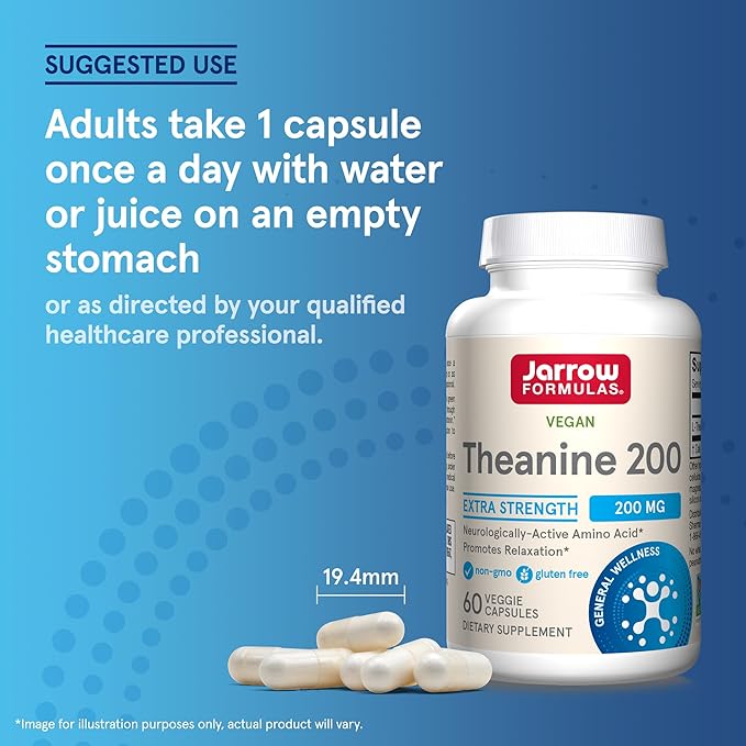 Jarrow Formulas Extra Strength L Theanine 200mg Dietary Supplement that Promotes Relaxation, Supplement for Relaxation Support, 60 Veggie Capsules, 60 Day Supply
