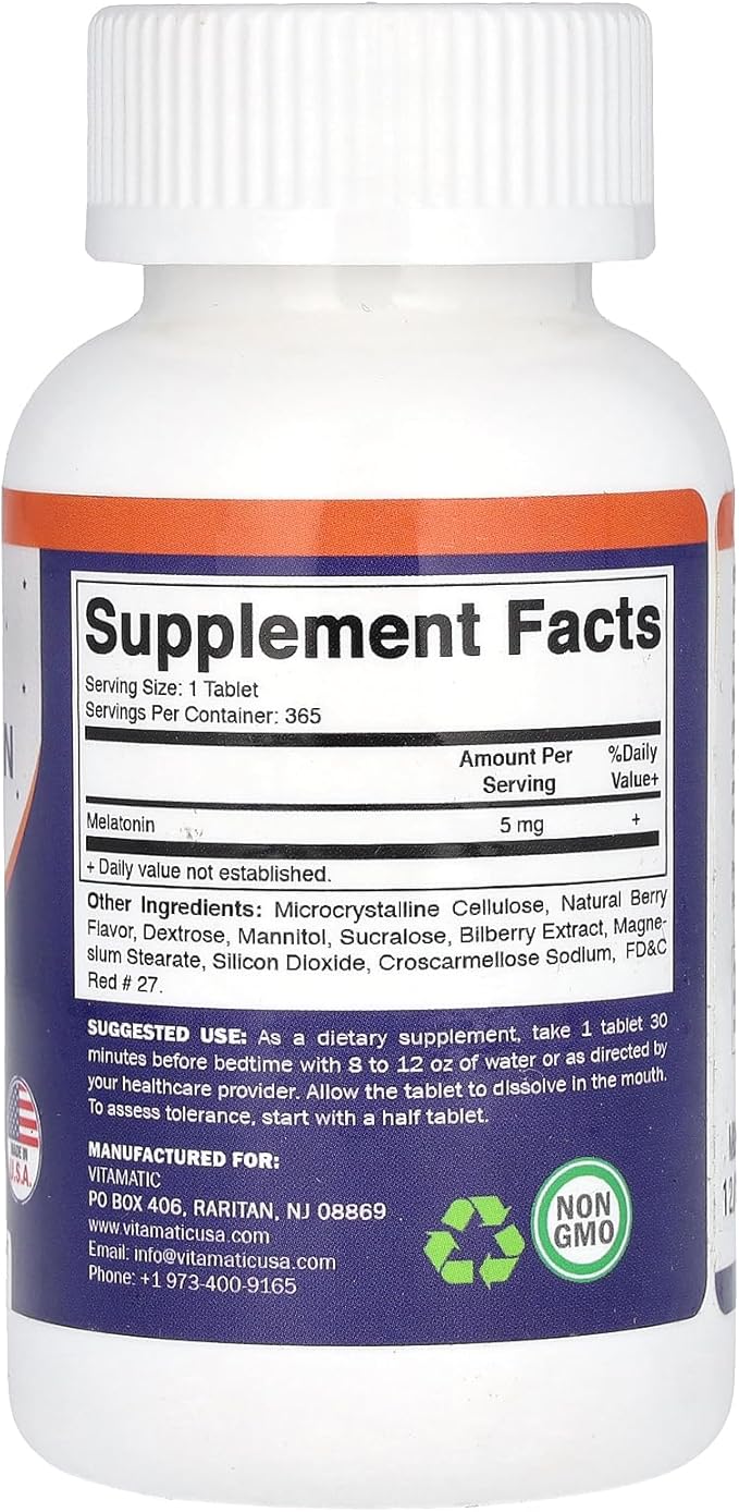 Vitamatic Melatonin 5 mg Tablets | Vegetarian, Non-GMO, Gluten Free | 1 Year Supply | Natural Berry Flavor - 365 Tablets
