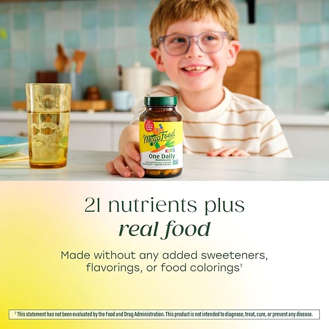 MegaFood Kids One Daily Multivitamin - Convenient Mini Multivitamin for Kids - with Zinc, Vitamins C, B & D - Vegetarian, Gluten Free, Non GMO - 60 Tablets, 60 Servings