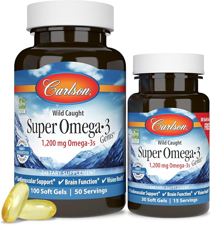 Carlson - Super Omega-3 Gems, 1200 mg Omega-3 Fatty Acids with EPA and DHA, Wild-Caught Norwegian Fish Oil Omega 3 Supplement, Sustainably Sourced Omega 3 Fish Oil, 100+30 Softgels
