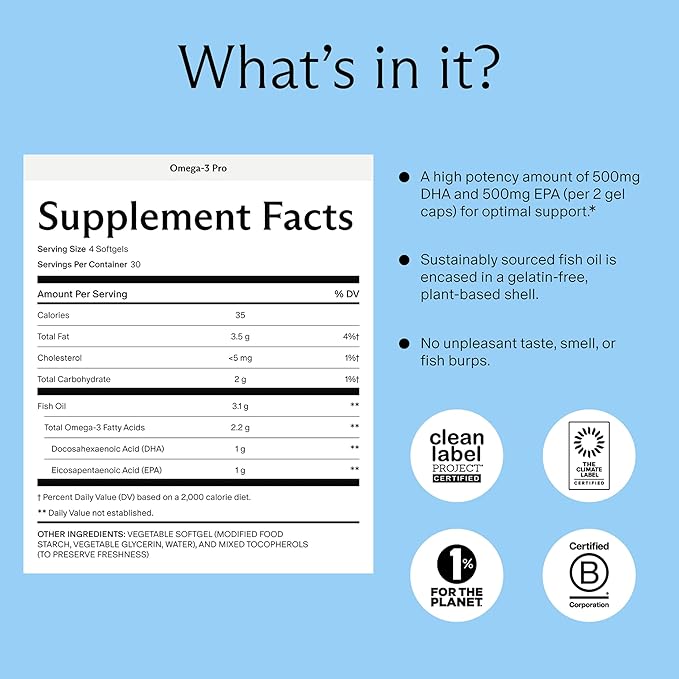 Needed. Prenatal Omega-3 - High Potency Dose of Sustainably Sourced Fish Oil, 1000mg DHA, 1000mg EPA, Encased in a Gelatin-Free, Plant-Based Softgel Shell