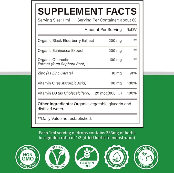 Zinc Quercetin Vitamin C D3 Liquid Immune Support with Organic Echinacea Elderberry, Immune Defense Drops Supplement for Adults- Vegan, Non-GMO, Gluten Free - 2 Fl Oz, 60 Servings